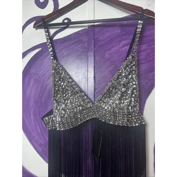 Black Fringe Sequin Bralette Dress - Picture 2 of 9